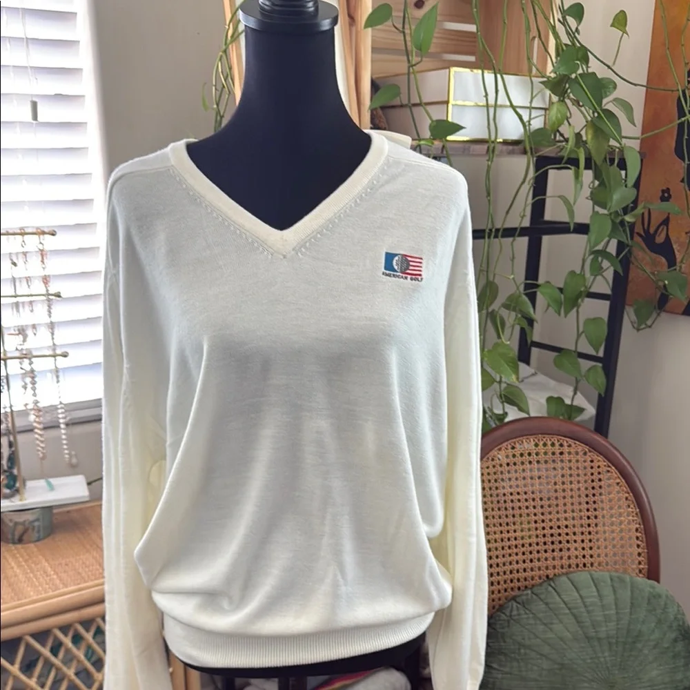 Vintage 80s La Mode American Golf Cream V-neck Cashmerlon Acrylic Sweater